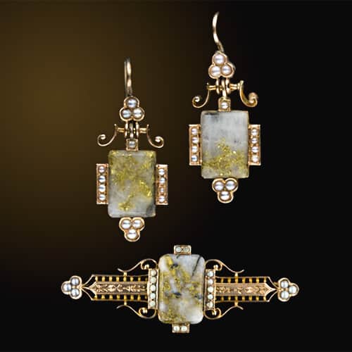 Earrings and Brooch with Gold-in-Quartz Plaques, a Style Popularized by the California Gold Rush.