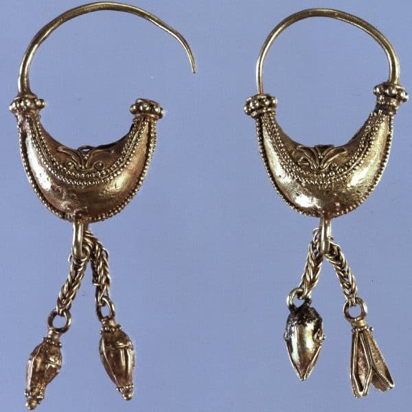 Boat/Leech Form Earrings with Applied Wirework Palmettes, Granulation and Chains with Seed & Seed Pod Terminals. c.450-400 B.C., Greece.