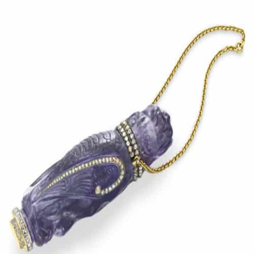 Art Nouveau Carved Amethyst Diamond Scent Bottle by Henri Vever c 1900. Image Courtesy of Christie's.