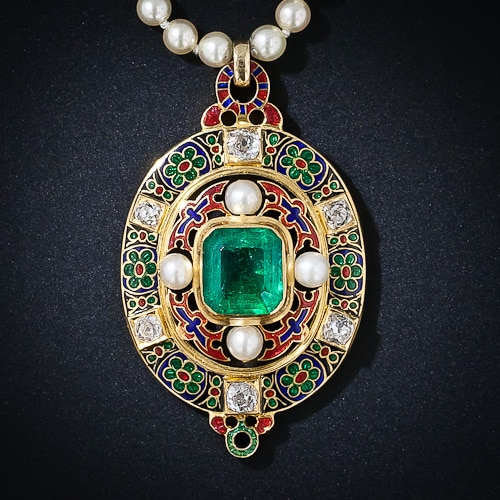 Antique Holbeinesque Emerald and Natural Pearl Necklace. 