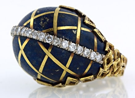 A High Domed Lapis Lazuli is Inlaid with a Lattice of 18 Karat Yellow Gold. 1960's 
