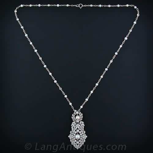 Edwardian Diamond and Pearl Pendant Necklace by J. E. Caldwell & Co.