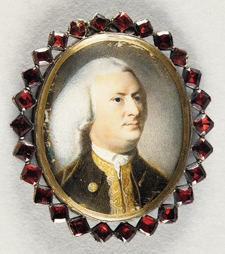 Portrait of Jeremiah Lee, Watercolor on ivory, set in gold with garnets, c. 1769.