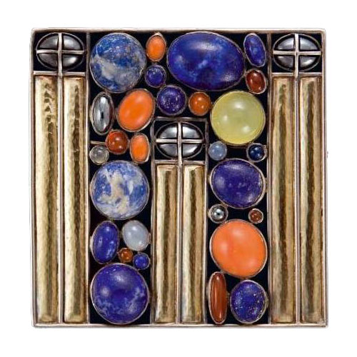 Josef Hoffmann Brooch with Lapis Lazuli, Coral and Other Gemstones, c.1905. Executed by Eugen Pflaumer, c.1911
