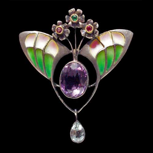 Jugenstil Style Plique-a-Jour, Gemstone, Silver Brooch, c.1900.