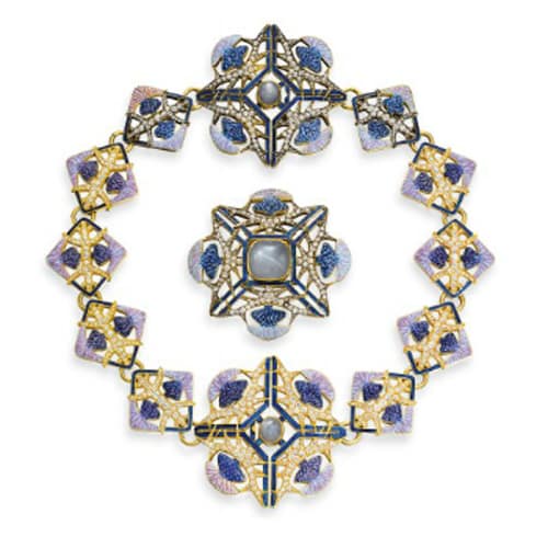 Lalique Art Nouveau Diamond and Enamel Thistle Necklace and Brooch. Photo Courtesy of Christie’s.