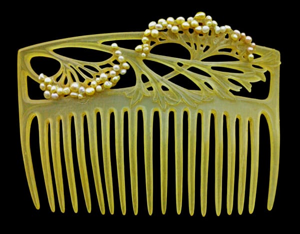 Carved Horn Comb Decorated with Seed Pearls by Aucoc. c.1905.