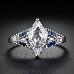 Art Deco Lozenge Shape Diamond and Sapphire Ring.