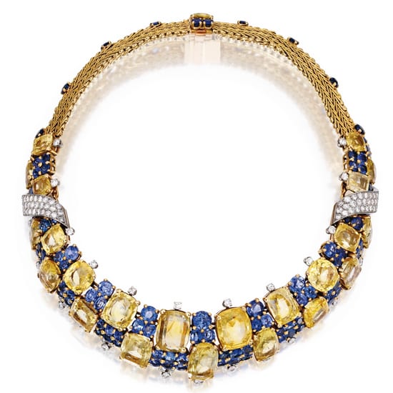 Marchak Gold and Diamond Woven Motif Crossover Necklace with Diamond Terminals.