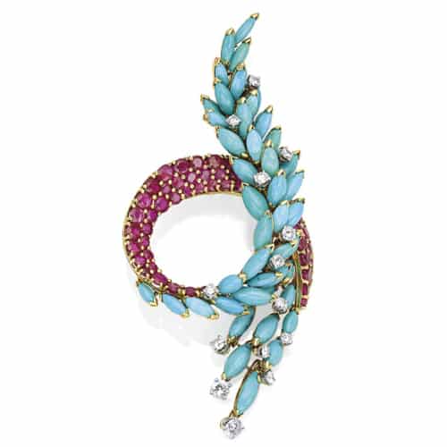 Marchak Swirl Turquoise and Ruby Brooch. Photo Courtesy of Christie's.