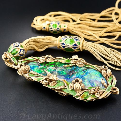 Marcus & Co. Art Nouveau Opal and Enamel Pendant Necklace. 