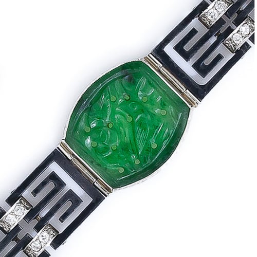 Marsh & Co Art Deco Blackened Steel Jadeite and Diamond Bracelet. 