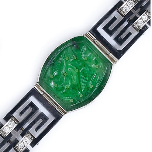 Marsh & Co Art Deco Blackened Steel Jadeite and Diamond Bracelet.