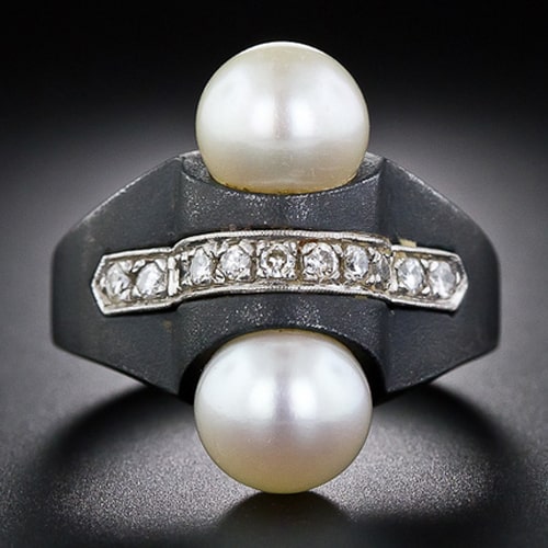 Marsh & Co Art Deco Blackened Steel Pearl and Diamond Ring c. 1930.