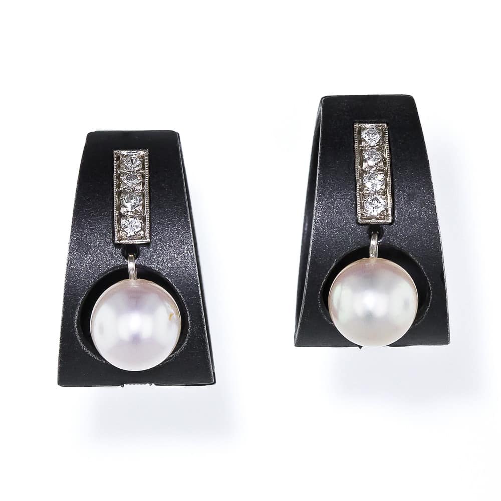 Mash Blackened Steel Pearl and Diamond Earrings.