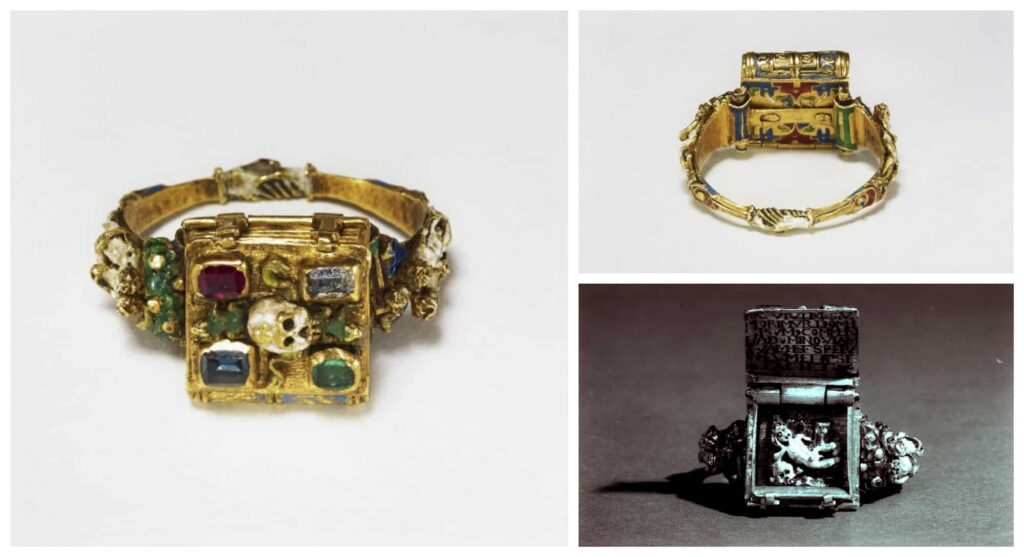 Memento Mori Fede Ring c.1526-1575. Inscribed: For whether we live, we live unto the Lord; and whether we die, we die unto the Lord (Romans, xiv. 8) Commit thy way unto the Lord; trust also in Him; and he shall bring it to pass (Psalm xxxvii. 5) © Trustees of the British Museum.