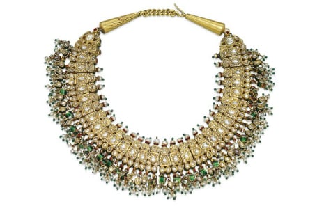 Late Nineteenth Century Diamond, Emerald and Pearl Moghul Necklace.