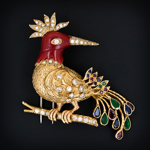 Nardi Coral, Multistone and Yellow Gold Peacock Brooch. 