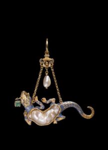 Enamel on Gold Salamander Pendant with Baroque Pearl Body c. Late 16th Century.