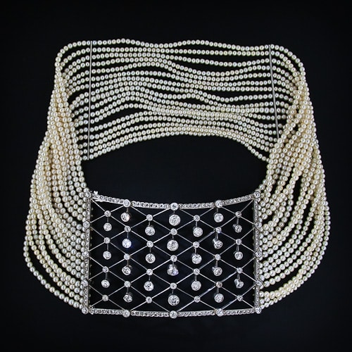 Edwardian Diamond and Mulit-Strand Pearl Collier de Chien.