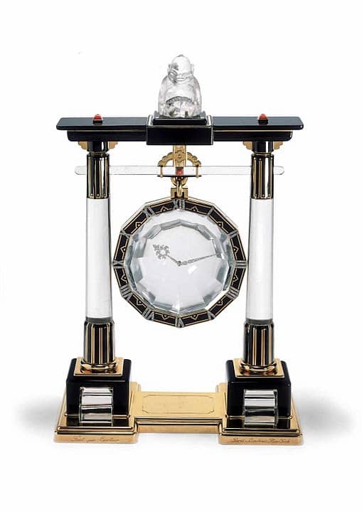 Cartier Portique Mystery Clock. Sinto Gate. Rock Crystal, Gold, Enamel, Platinum and Coral, c.1923.