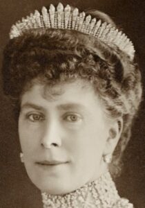 Queen Mary Wearing Queen Adelaide's Fringe Necklace as a Tiara.