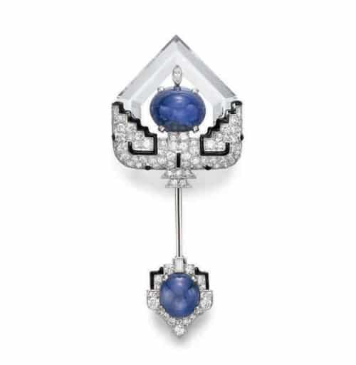 Raymond Yard Art Deco Diamond, Sapphire, Rock Crystal and Enamel Jabot Brooch.