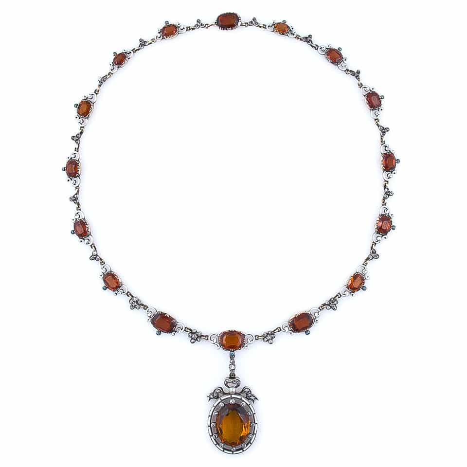 Renaissance Revival Citrine and Hessonite Garnet Diamond and Enamel Necklace.