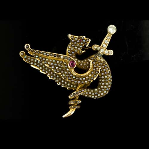 Griffin Brooch Set with Seed Pearls.