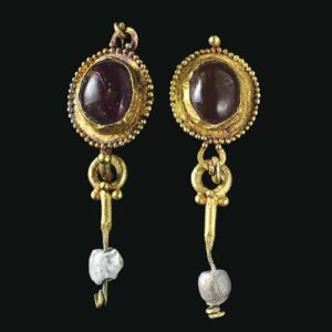 Roman Garnet Cabochon Earrings with Pearl (one replaced with glass) Pendants. 1st Century A.D.