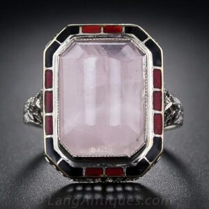 Art Deco Rose Quartz and Enamel Ring