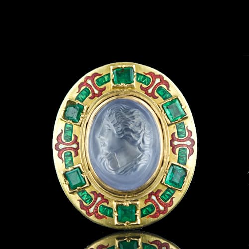 Holbeinesque Carved Sapphire Cameo, Emerald, and Enamel Renaissance Revival Ring.