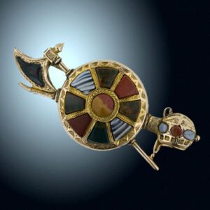Axe and Shield Traditional Highland Motif Agate Brooch.