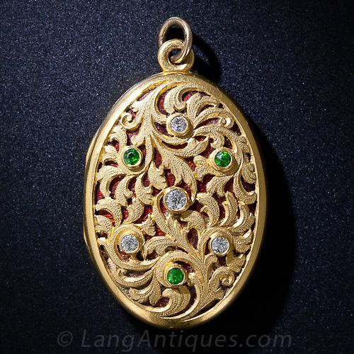 Shreve Demantoid and Diamond Gold Locket.