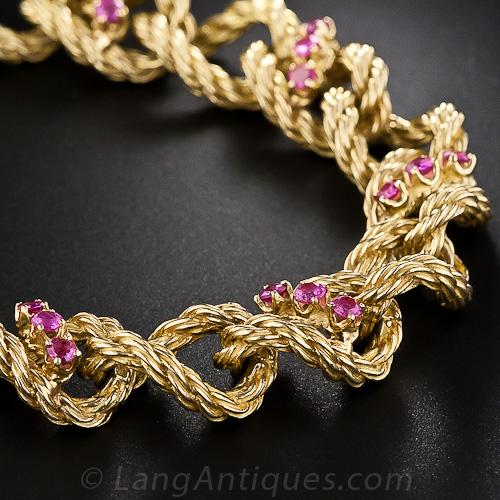 Shreve Ruby and Gold Rope Motif Link Bracelet.