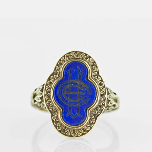 Signet Ring with Neo-Classical Motifs, a Quatrefoil-Shaped Lapis Lazuli and a Cryptic Insignia.