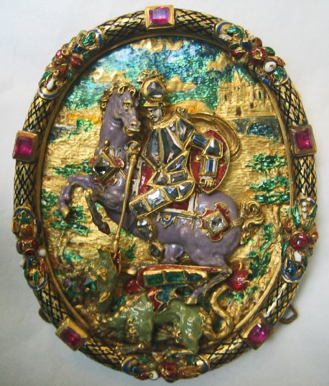 Enseigne Depicting St. George on Horseback Slaying the Dragon. Worked in Repoussé, Chasing and Enamel on Gold and Accented by Rubies, Diamonds and Emeralds. c. 1551-1575. © The Trustees of the British Museum.