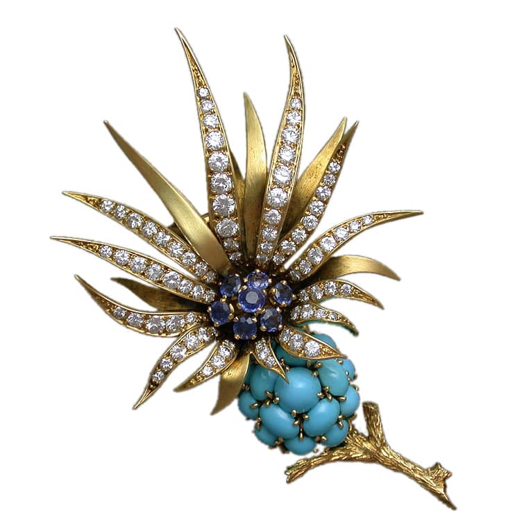 Sterle Sapphire, Diamond, Turquoise and Gold Floral Brooch.