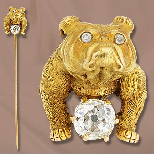 Victorian Diamond & Yellow Gold Bulldog Stickpin.