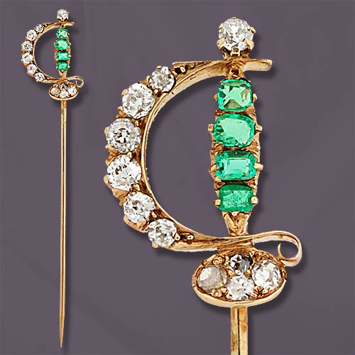 Victorian Emerald, Diamond & Yellow Gold Sword Stickpin.