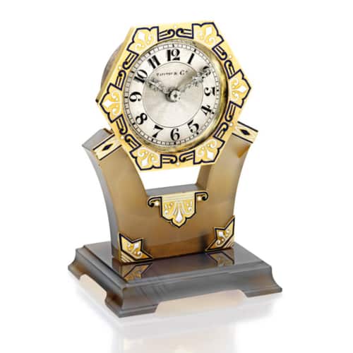 Tiffany Art Deco Hardstone and Enamel Clock. Circa 1925.  Photo Courtesy of Sotheby's.