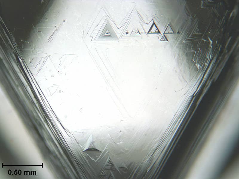 Trigons on the Face of a Natural Diamond. Photo Courtesy of Gump Stump, Wikipedia.