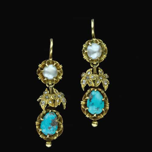 Turquoise, Pearl and Gold Earrings.