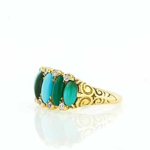 This Victorian Era Ring Displays an Array of Varied Color Turquoise.