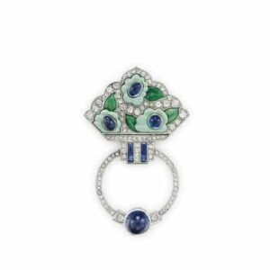 Van Cleef & Arpels Art Deco Emerald, Sapphire and Diamond Brooch