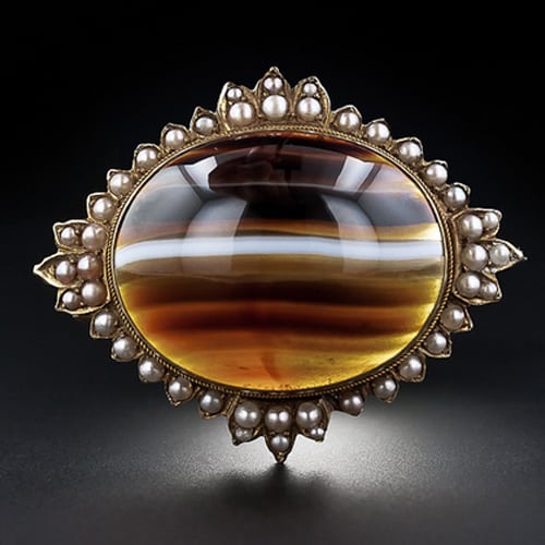 Banded Agate and Seed Pearl Victorian Brooch.