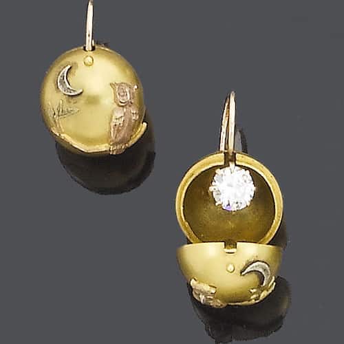 Victorian Day and Night "Carriage Cover" Diamond Earrings - Diamonds Concealed Within a Gold Ball for Daytime (and Travel) Worn Without the Cover for Evening.