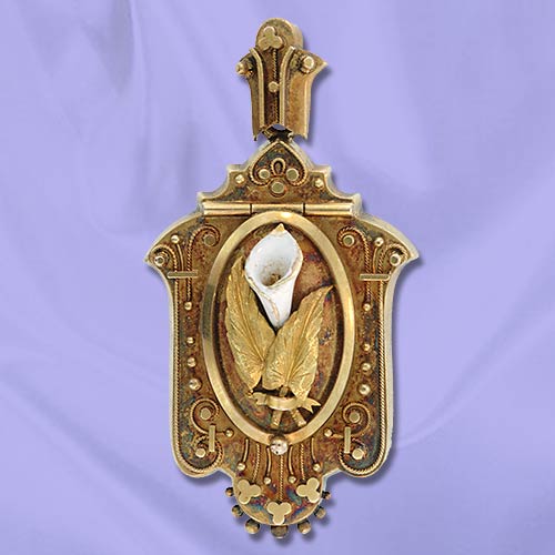 Victorian Billet-Doux Locket with a Sweet Enameled White Calla Lily and Golden Clovers