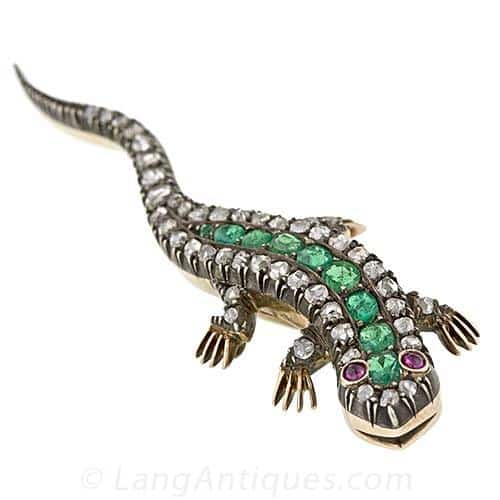 Antique Silver Over 18K Rose Gold Lizard Brooch.