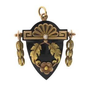 Victorian Onyx and Seed Pearl Mourning Brooch.